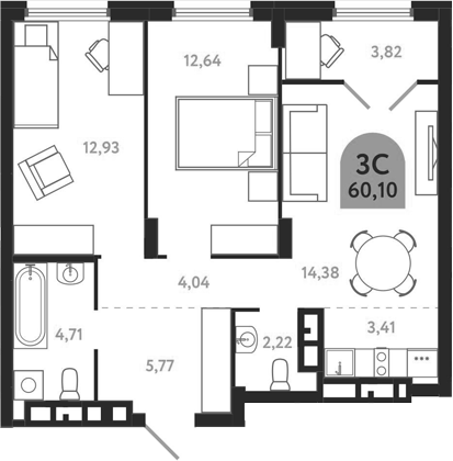 Планировка 3е-к.кв 60.10 м² в ЖК «Квартал 1604. Томск»