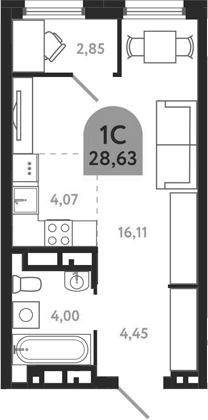 Планировка студии 28.63 м² в ЖК «Квартал 1604. Томск»