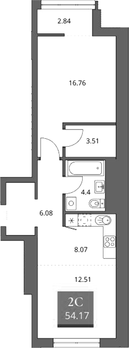 Планировка 2е-к.кв 51.33 м² в ЖК «Беринг»