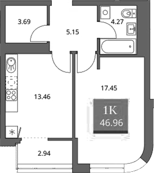 Планировка 1-к.кв 44.02 м² в ЖК «Беринг»