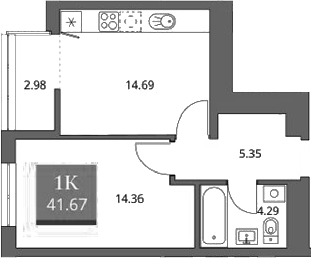 Планировка 1-к.кв 38.69 м² в ЖК «Беринг»