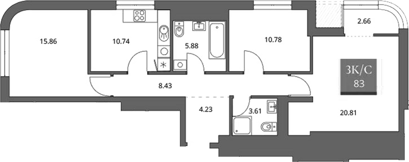 Планировка 3-к.кв 80.34 м² в ЖК «Беринг»