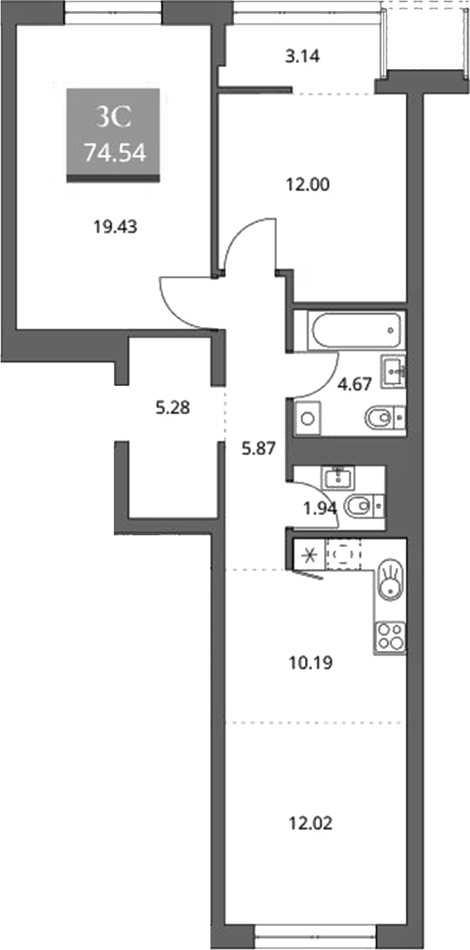 Планировка 3е-к.кв 72.97 м² в ЖК «Беринг»