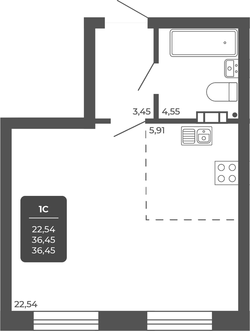 Планировка студии 36.45 м² в ЖК «НОВА АПАРТ»