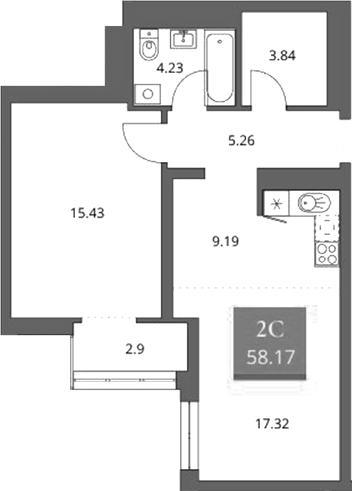 Планировка 2е-к.кв 55.27 м² в ЖК «Беринг»