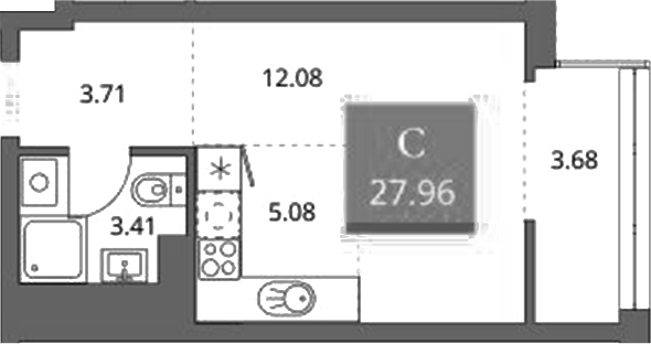 Планировка студии 24.28 м² в ЖК «Беринг»