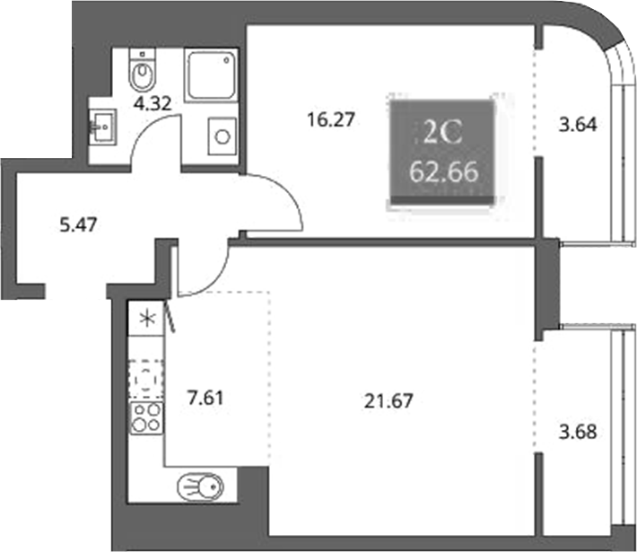 Планировка 2е-к.кв 55.34 м² в ЖК «Беринг»