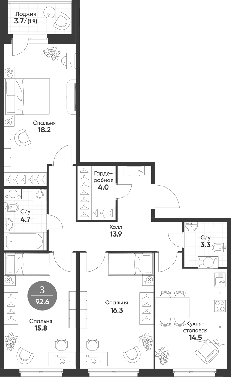 Планировка 3-к.кв 90.70 м² в ЖК «Счастье в Кольцово»