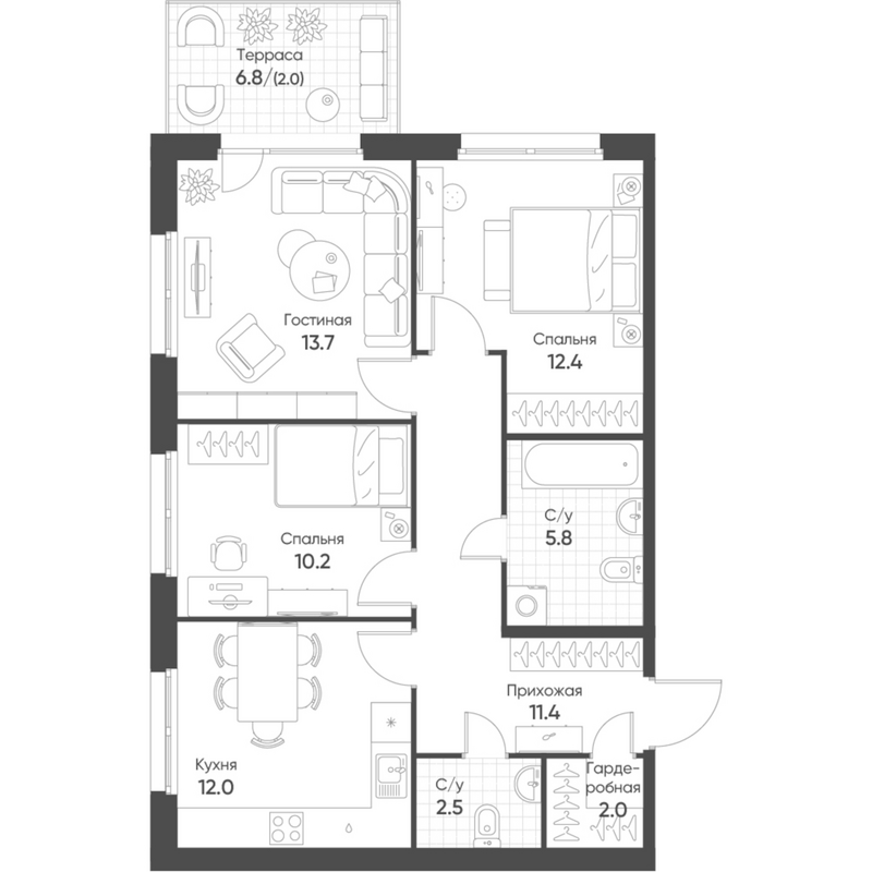 Планировка 3-к.кв 70.00 м² в ЖК «Счастье в Кольцово»