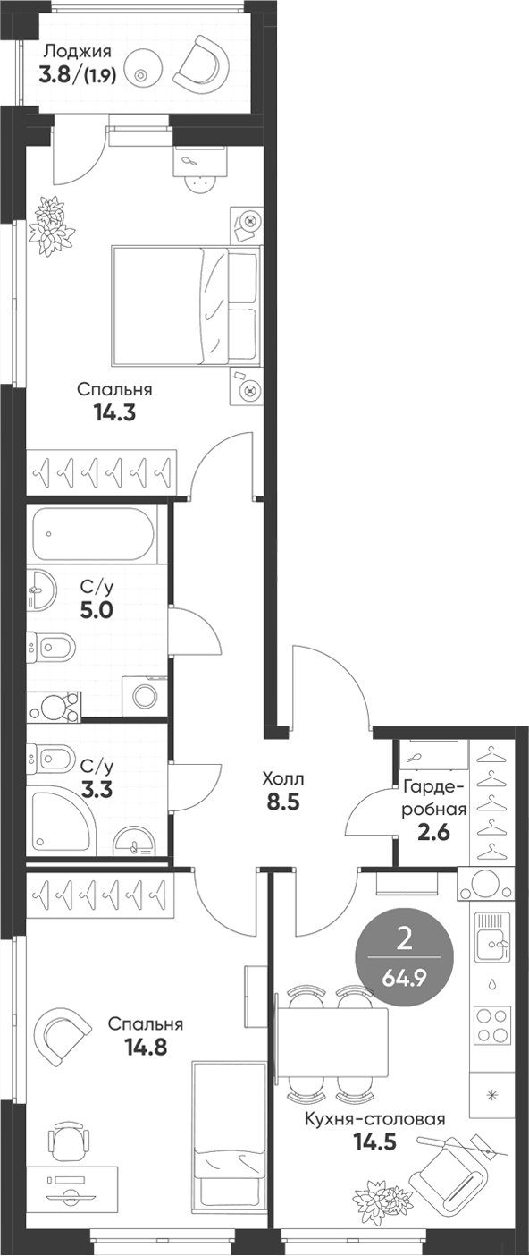 Планировка 2-к.кв 63.00 м² в ЖК «Счастье в Кольцово»