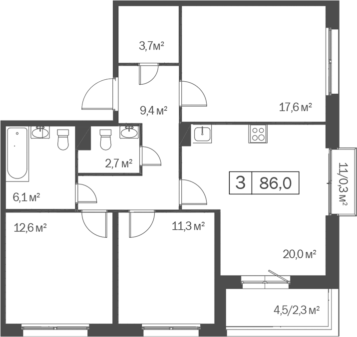 Планировка 3-к.кв 83.40 м² в ЖК «Счастье в Кольцово»