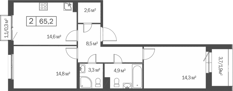 Планировка 2-к.кв 63.00 м² в ЖК «Счастье в Кольцово»
