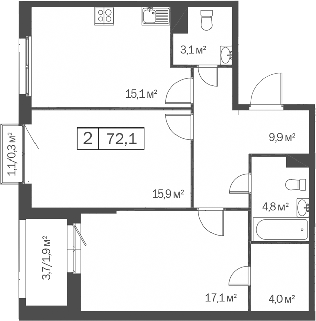 Планировка 2-к.кв 69.90 м² в ЖК «Счастье в Кольцово»
