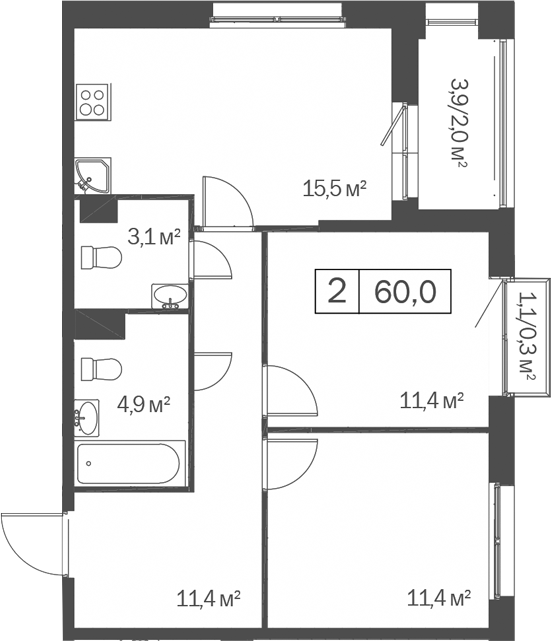 Планировка 2-к.кв 57.70 м² в ЖК «Счастье в Кольцово»