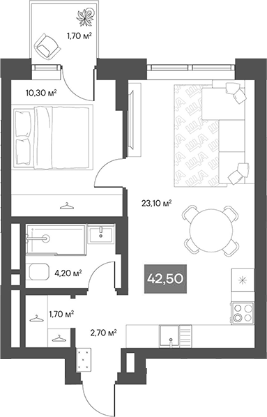 Планировка 1-к.кв 42.00 м² в ЖК «ЩА»