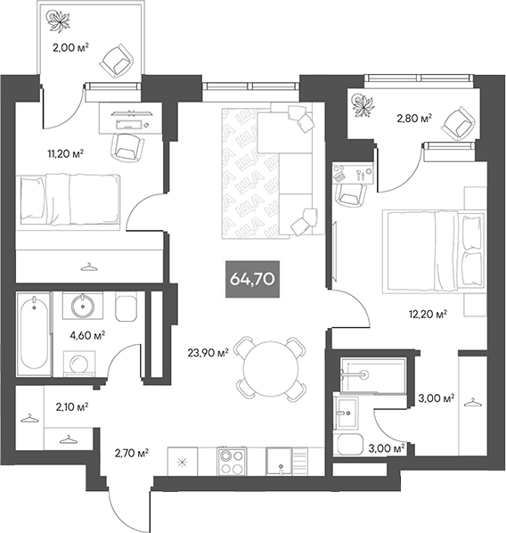 Планировка 2-к.кв 62.70 м² в ЖК «ЩА»