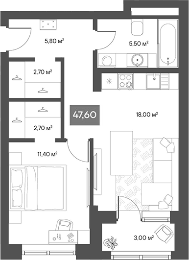 Планировка 1-к.кв 46.10 м² в ЖК «ЩА»