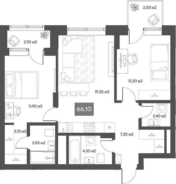 Планировка 2-к.кв 64.05 м² в ЖК «ЩА»