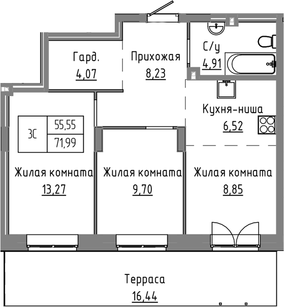 Планировка 3е-к.кв 55.55 м² в ЖК «Базилик»