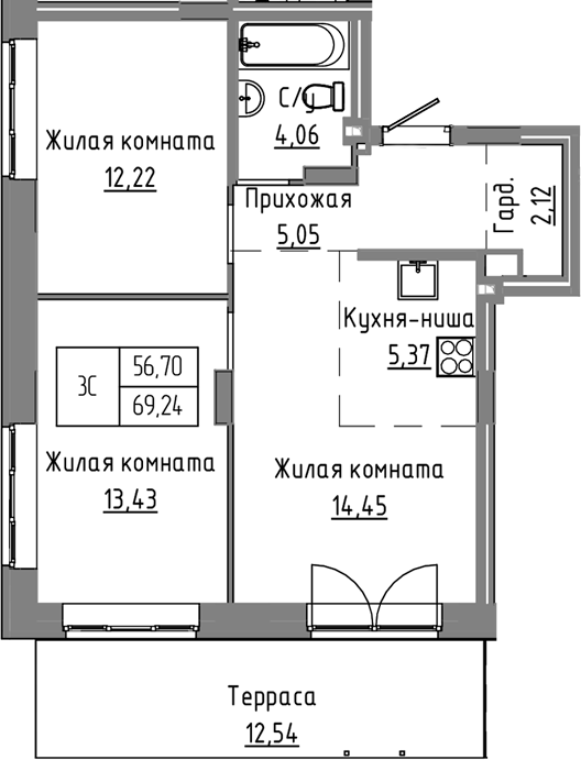 Планировка 3е-к.кв 56.70 м² в ЖК «Базилик»