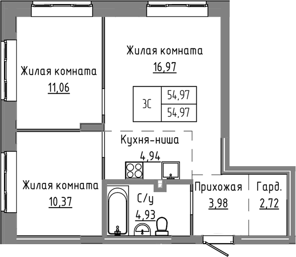 Планировка 3е-к.кв 54.97 м² в ЖК «Базилик»