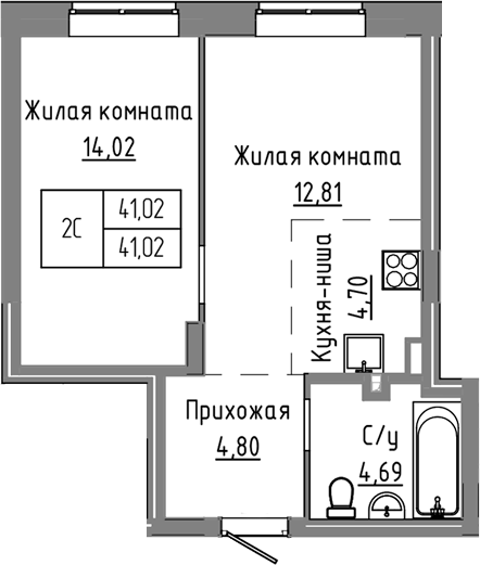 Планировка 2е-к.кв 41.02 м² в ЖК «Базилик»