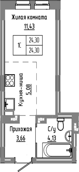 Планировка студии 24.30 м² в ЖК «Базилик»