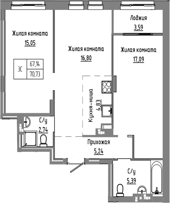 Планировка 3е-к.кв 67.14 м² в ЖК «Базилик»