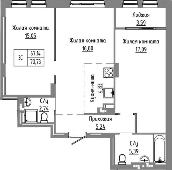 Планировка 3е-к.кв 67.14 м² в ЖК «Базилик»