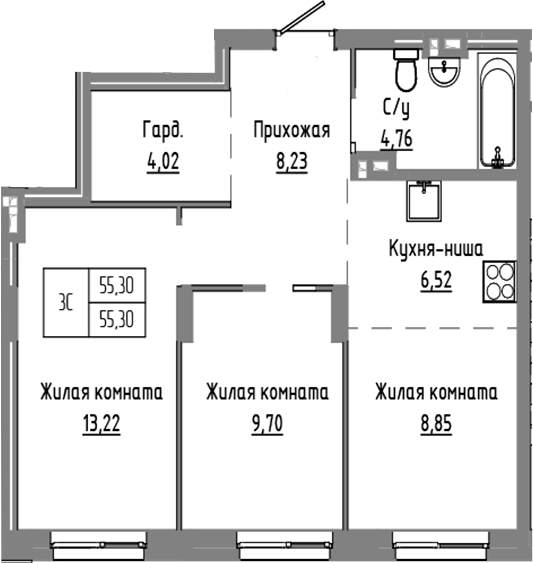 Планировка 3е-к.кв 55.30 м² в ЖК «Базилик»