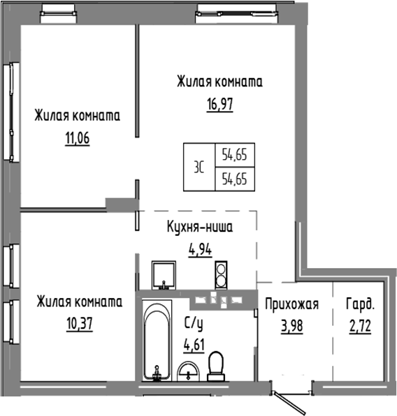 Планировка 3е-к.кв 54.65 м² в ЖК «Базилик»