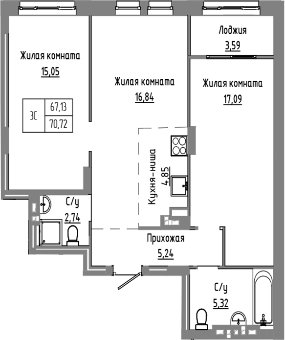 Планировка 3е-к.кв 67.13 м² в ЖК «Базилик»