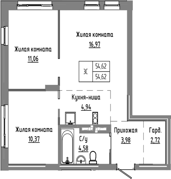 Планировка 3е-к.кв 54.62 м² в ЖК «Базилик»