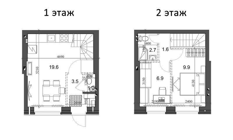 Планировка таунхаус 46.08 м² в ЖК «Коттеджный поселок Березки Элитный»
