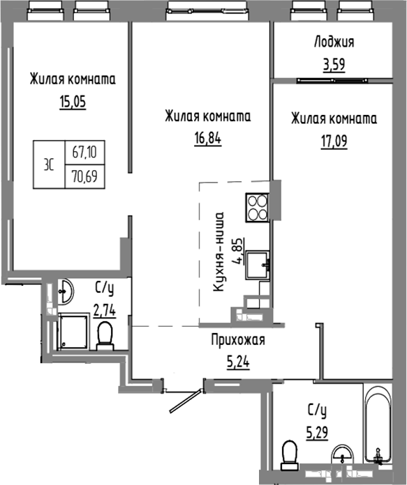 Планировка 3е-к.кв 67.10 м² в ЖК «Базилик»