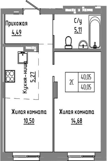 Планировка 2е-к.кв 40.05 м² в ЖК «Базилик»