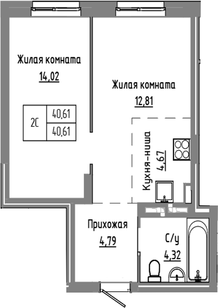 Планировка 2е-к.кв 40.61 м² в ЖК «Базилик»