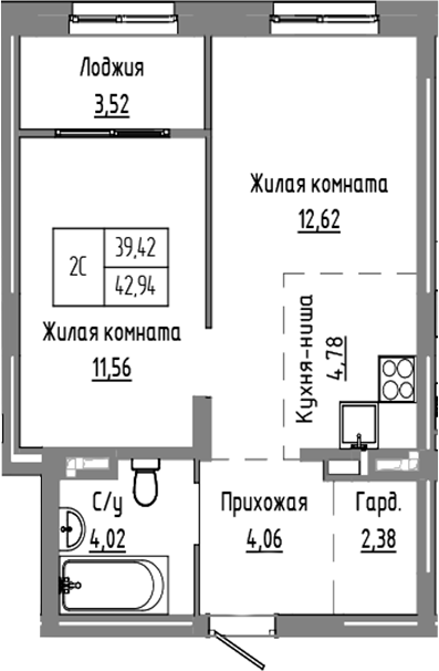 Планировка 2е-к.кв 39.42 м² в ЖК «Базилик»
