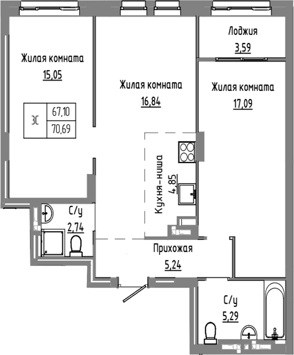 Планировка 3е-к.кв 67.10 м² в ЖК «Базилик»