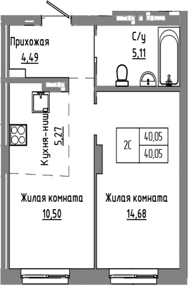 Планировка 2е-к.кв 40.05 м² в ЖК «Базилик»