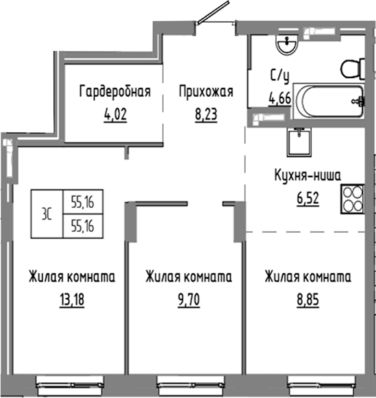 Планировка 3е-к.кв 55.16 м² в ЖК «Базилик»