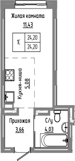 Планировка студии 24.20 м² в ЖК «Базилик»