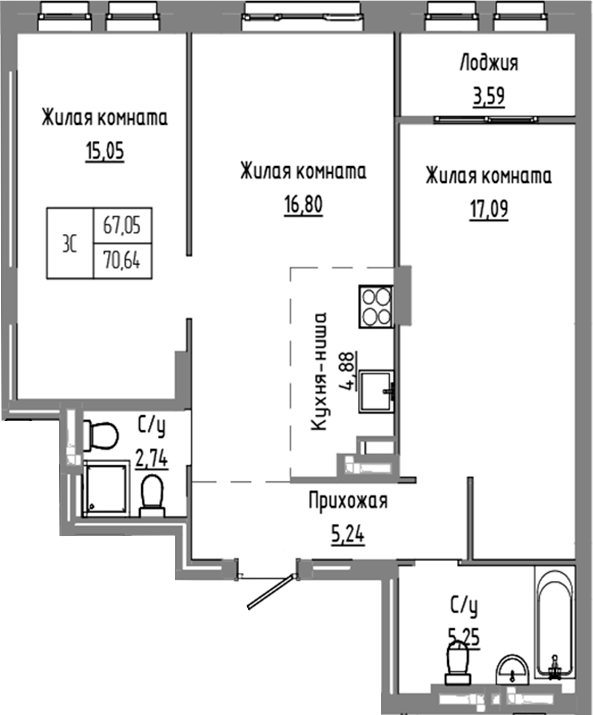 Планировка 3е-к.кв 67.05 м² в ЖК «Базилик»