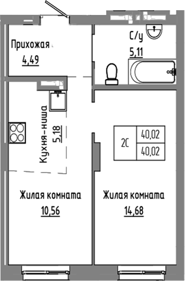Планировка 2е-к.кв 40.02 м² в ЖК «Базилик»