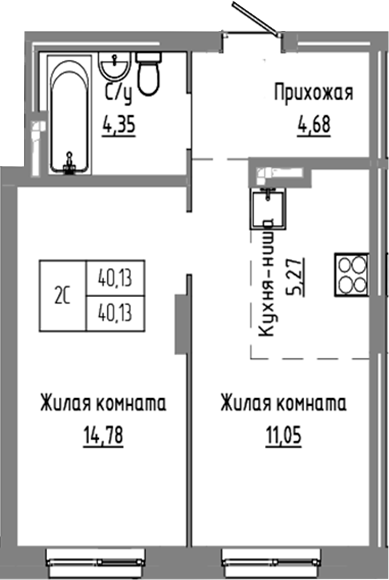 Планировка 2е-к.кв 40.13 м² в ЖК «Базилик»
