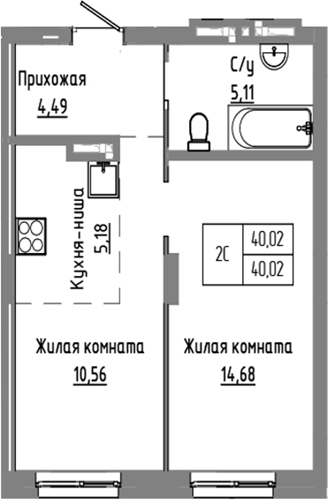 Планировка 2е-к.кв 40.02 м² в ЖК «Базилик»