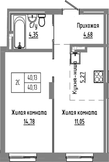 Планировка 2е-к.кв 40.13 м² в ЖК «Базилик»