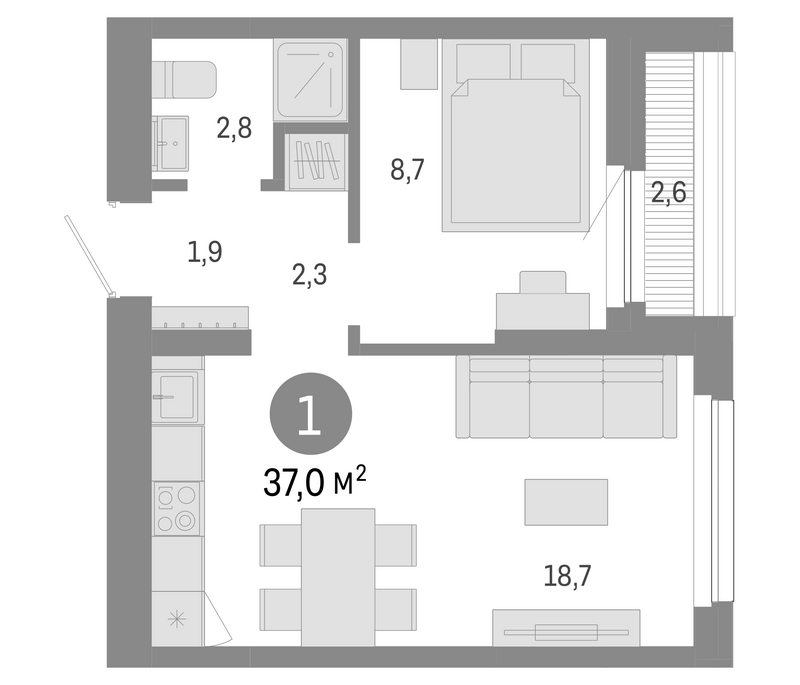 Планировка 2е-к.кв 34.40 м² в ЖК «Лебедевский»