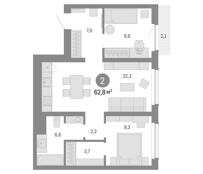 Планировка 3е-к. квартира 60.70 м² в ЖК «Лебедевский»