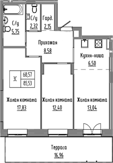 Планировка 3е-к.кв 68.57 м² в ЖК «Базилик»